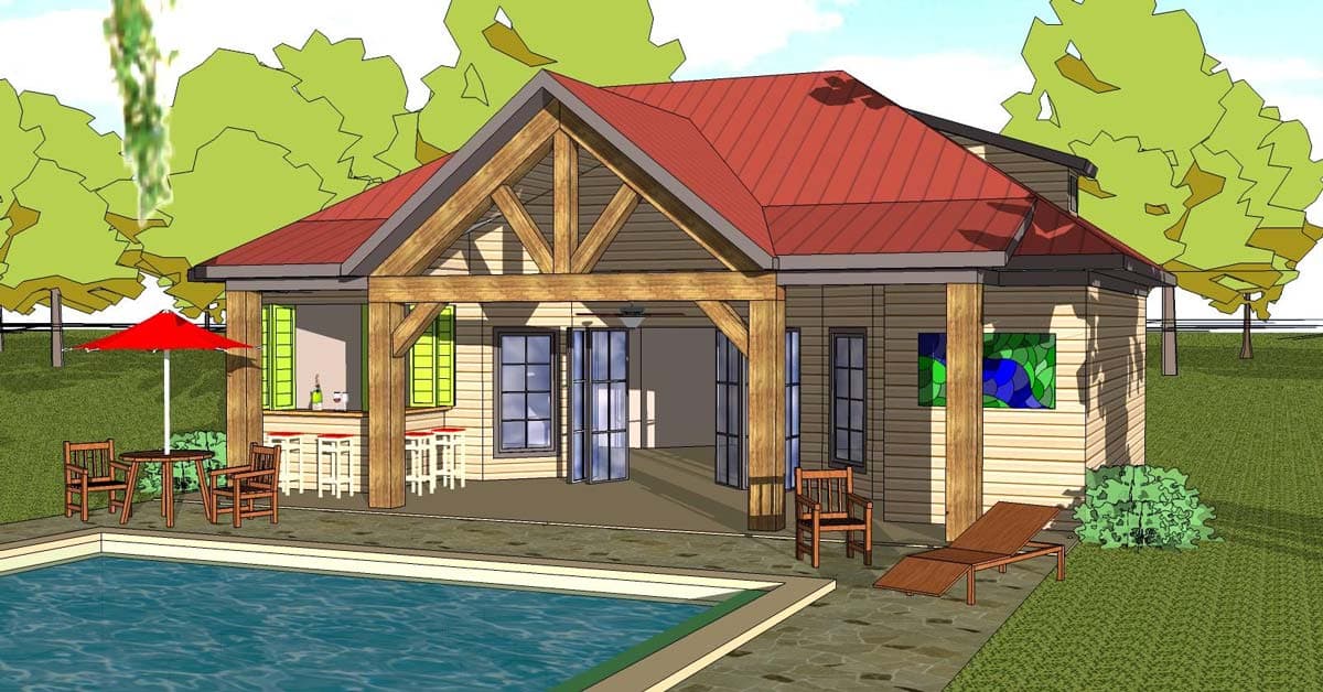 House plan exterior with open timber-framed porch and gable roof. Features include red metal roof, and exposed beam truss.  Poolside bar area.