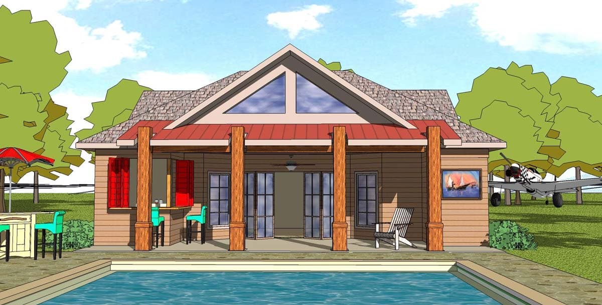 House plan exterior with gable roof, large triangular window, and porch with exposed beams. The design includes a swimming pool and aircraft.