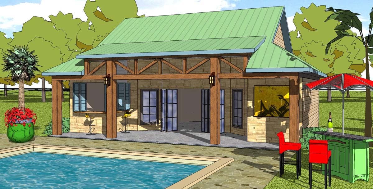 House plan exterior with a gabled roof, stone facade, and exposed timber-frame porch. Features a pool, outdoor bar, and patio doors.