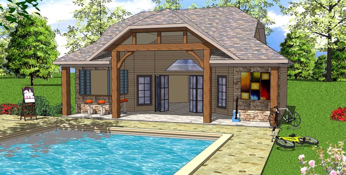 House plan exterior with gable roof, exposed timber framing, and stone veneer accents. Includes a pool, bar seating, and French doors.