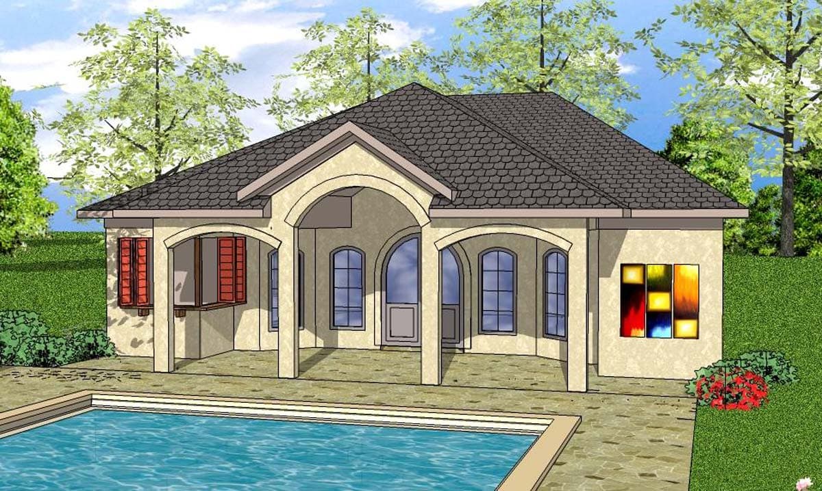 House plan exterior. Single-story with arched porch, roof gables, and shuttered windows. Features include a pool and landscaped yard.