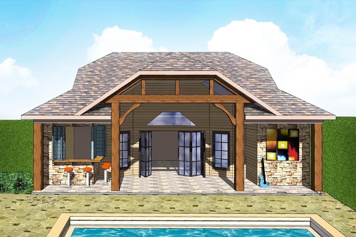 House plan exterior with open-air pavilion. Features include gabled roof, exposed wood beams, stone accents, folding glass doors, and a swimming pool.