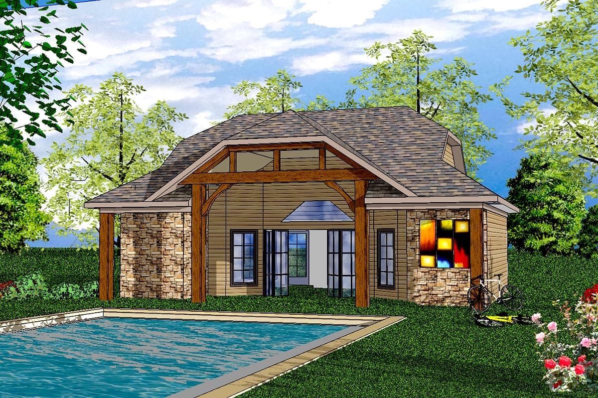 House plan exterior with stone base, wood beams, covered entry, gable roof, and multiple windows.