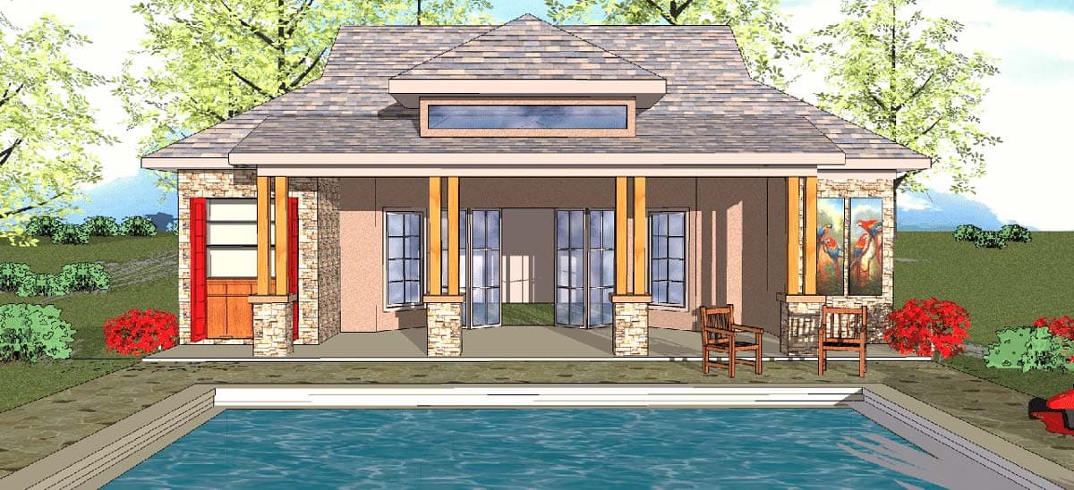 House plan exterior with stone columns supporting a covered porch. Features include transom window and a gable roof with a chimney.