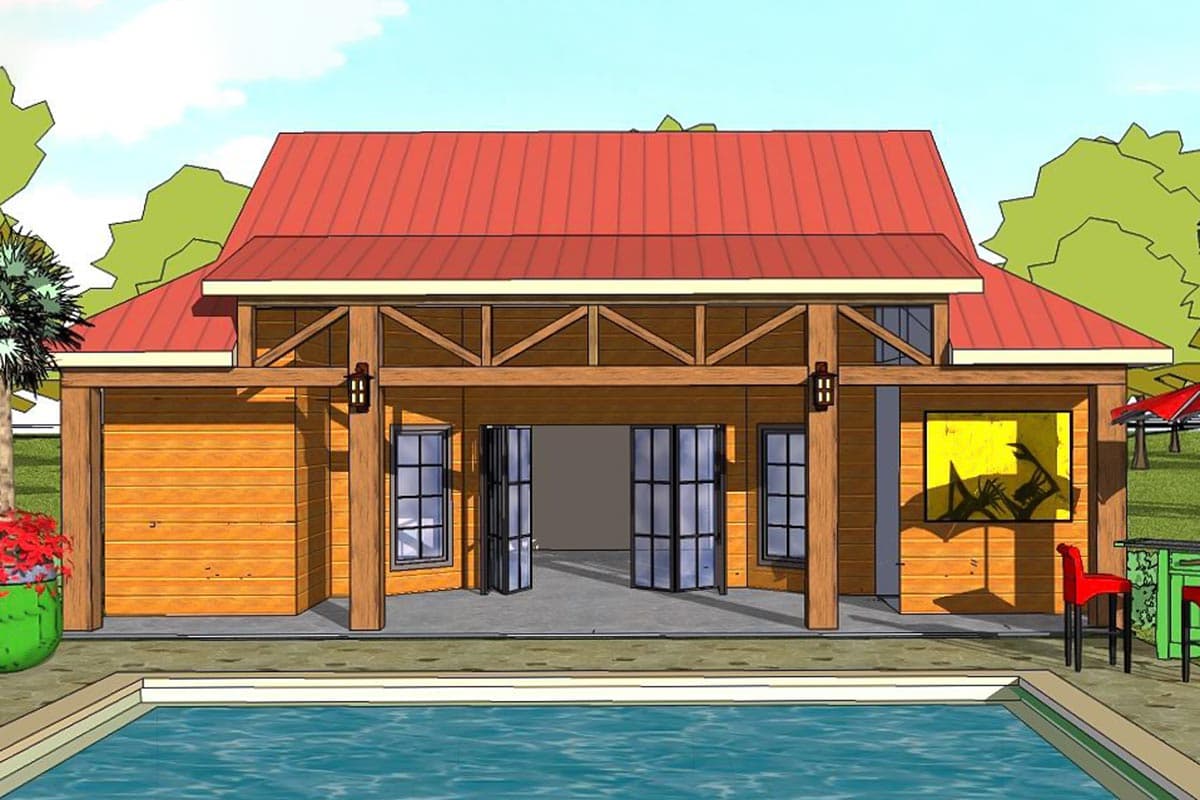 House plan exterior with a gable roof, wood cladding, and a covered patio area with a pool in the foreground.