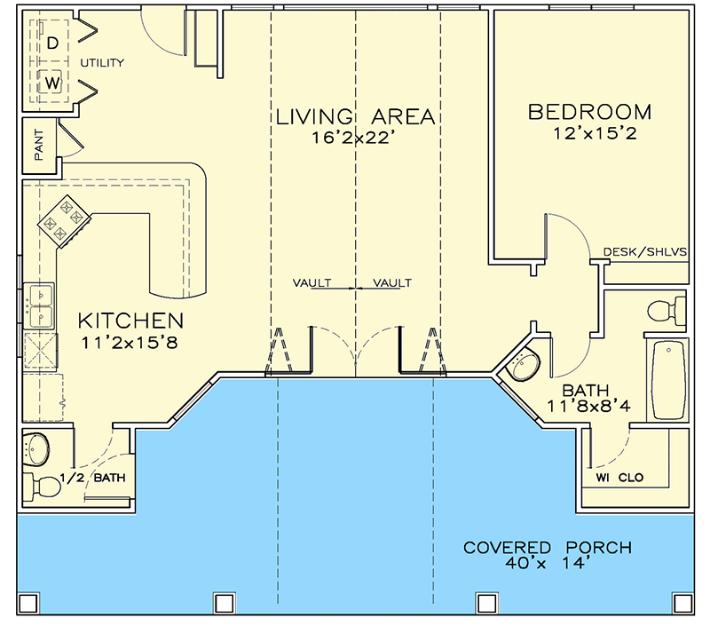 Plan 530020UKD: Tiny House Plan with Vaulted Interior and Covered Porch - Floor Plan - Main Level - Cottage, Craftsman, Rustic, Vacation