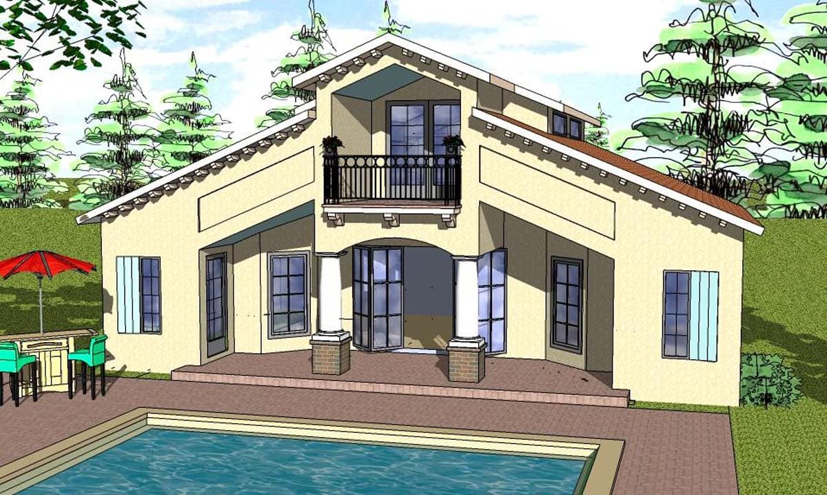 House plan exterior. Two-story Mediterranean style with a balcony, classical columns, and a gable roof. Includes a pool area.