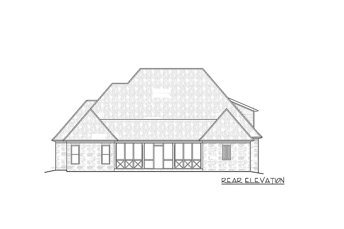 Rear elevation drawing of a house with a prominent hipped roof, multiple gables, and a screened-in porch.