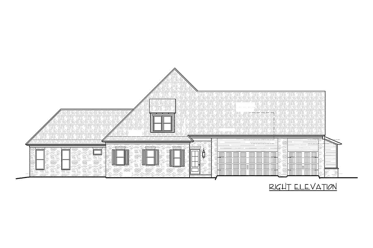 House plan right elevation drawing showing a two-story house with a dormer, brick exterior, and a three-car garage.