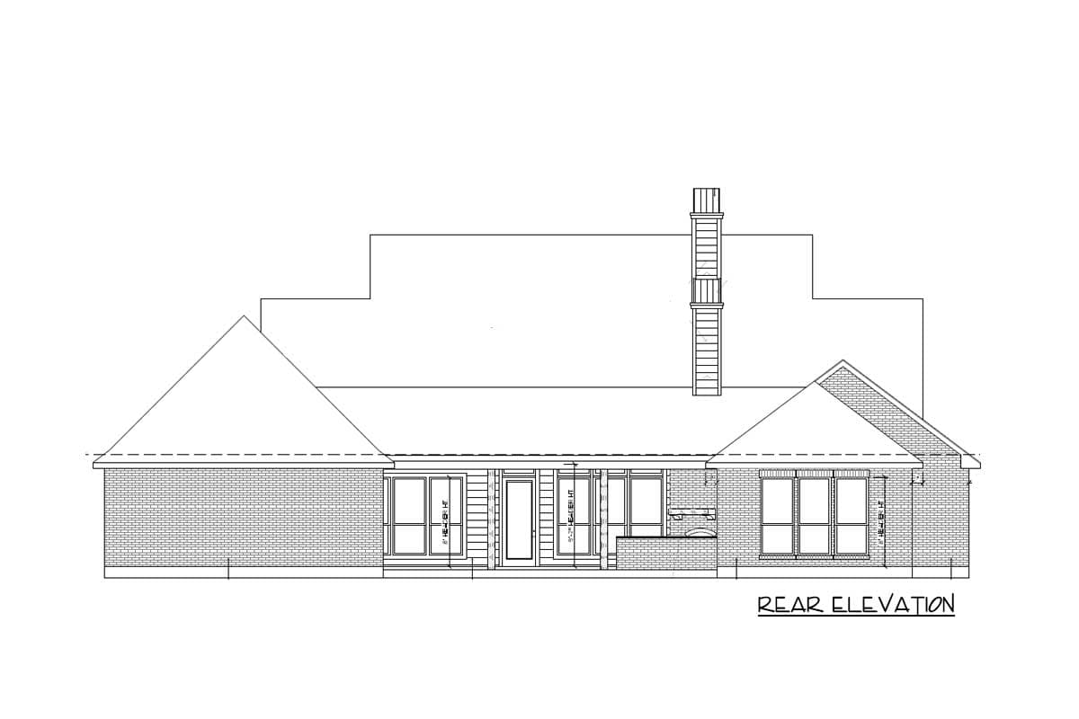 Rear elevation drawing of a house plan featuring a brick exterior, multiple windows, a central door, and a tall chimney.
