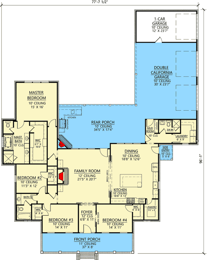 Plan 56420SM: Southern Beauty with Great Garage - Floor Plan - Main Level - Acadian, Louisiana-Style, Southern, Traditional
