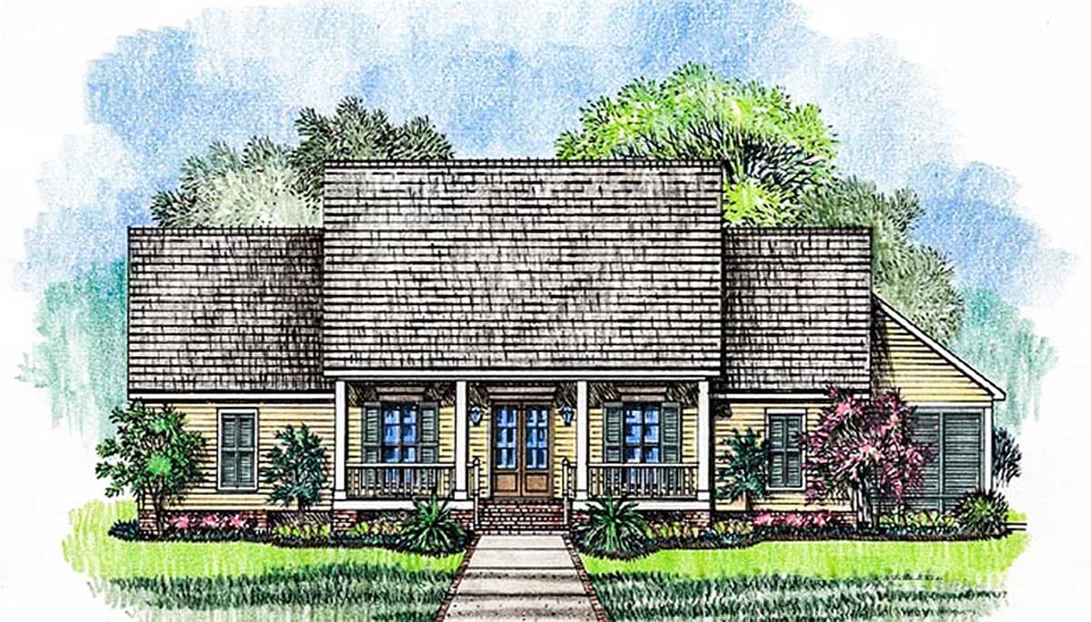 House plan exterior with front porch, gables, and shake shingle roof. Features include shutters and a prominent front door entrance.