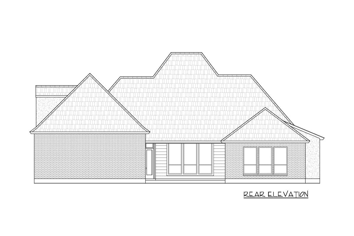 Rear elevation house plan with brick and horizontal siding, multiple gables, and diverse window configurations.