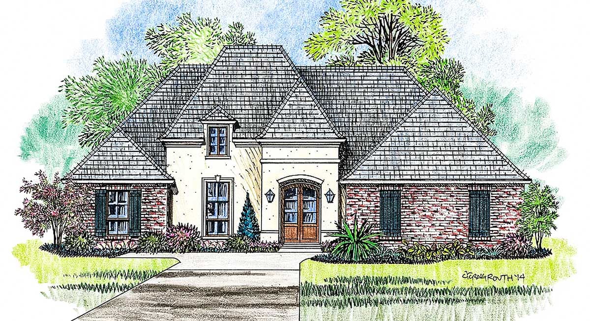 House plan exterior featuring brick and stucco facade, arched entryway, gabled roofline, and dormer window. Trees and landscaping in foreground.