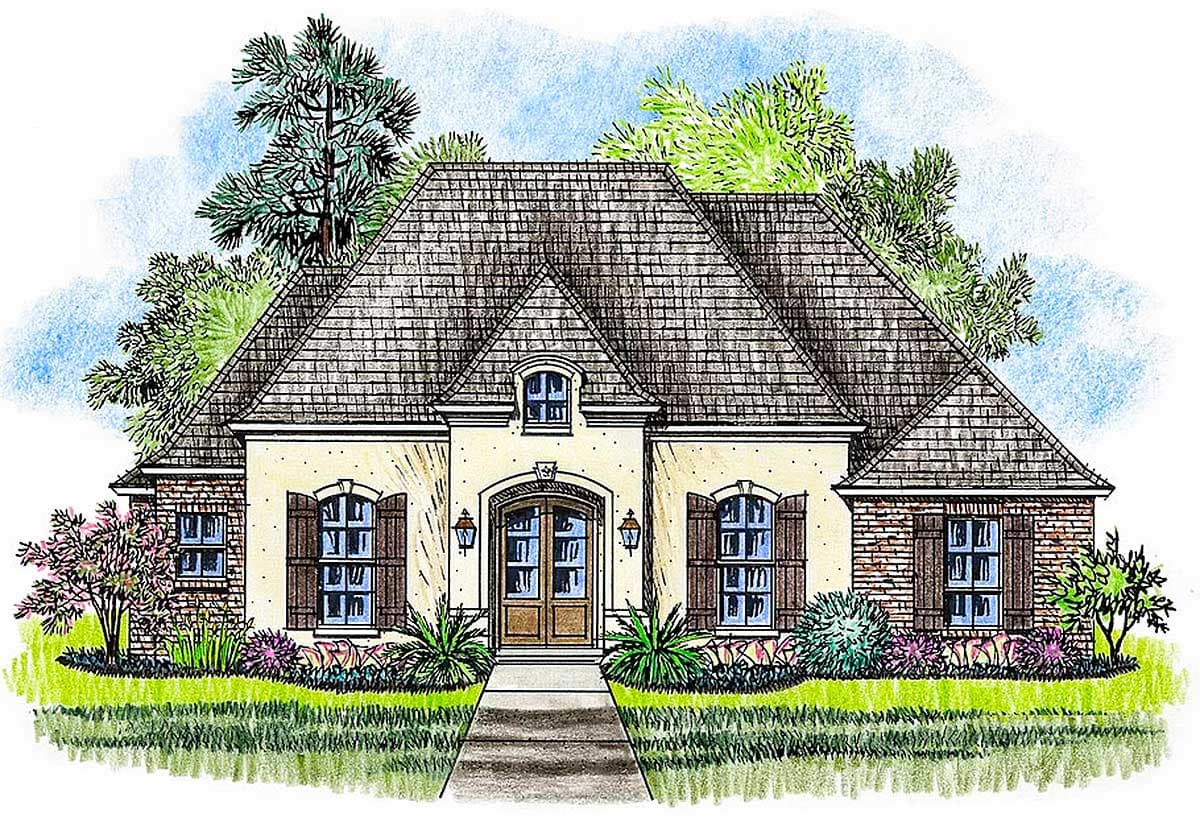 House plan exterior. One-story French Country style home with a hipped roof, dormer, arched entry, and brick accents.