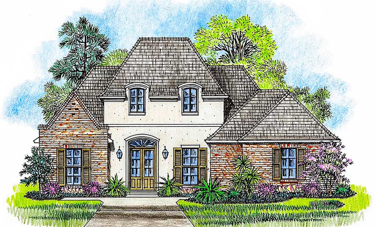 House plan exterior. Two-story French style with multiple gables, brick and stucco exterior, arched doorway, and shutters. Stone walkway.