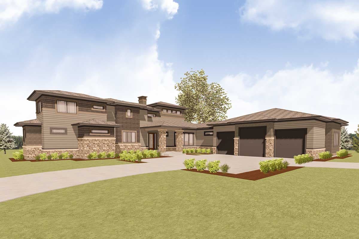 House plan exterior: Modern style, two stories, stone accents, covered entryway, and a three-car attached garage.