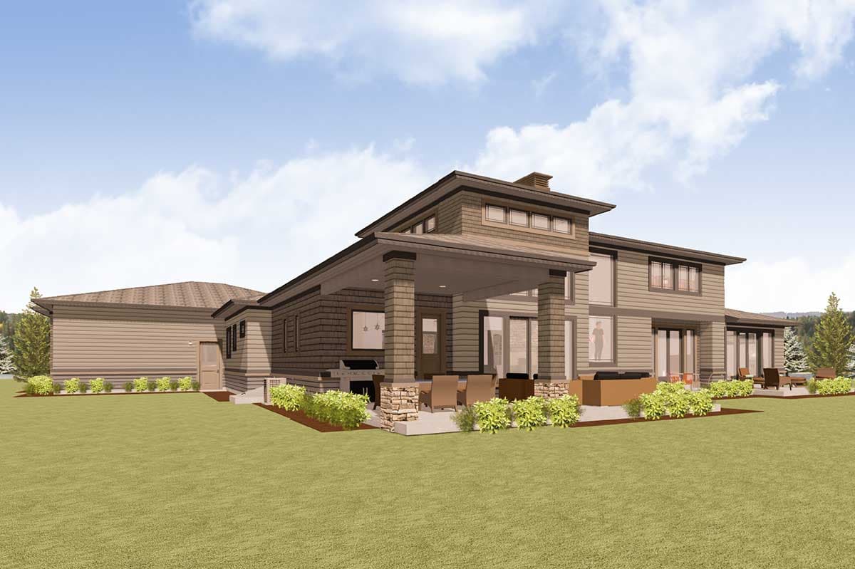 House plan exterior with covered patio, outdoor grill, and multi-story design. Horizontal siding and stone accents visible.