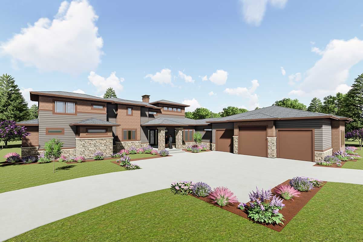 House plan exterior. Two-story modern style with horizontal siding, stone accents, flat rooflines, and attached garage with three bays.