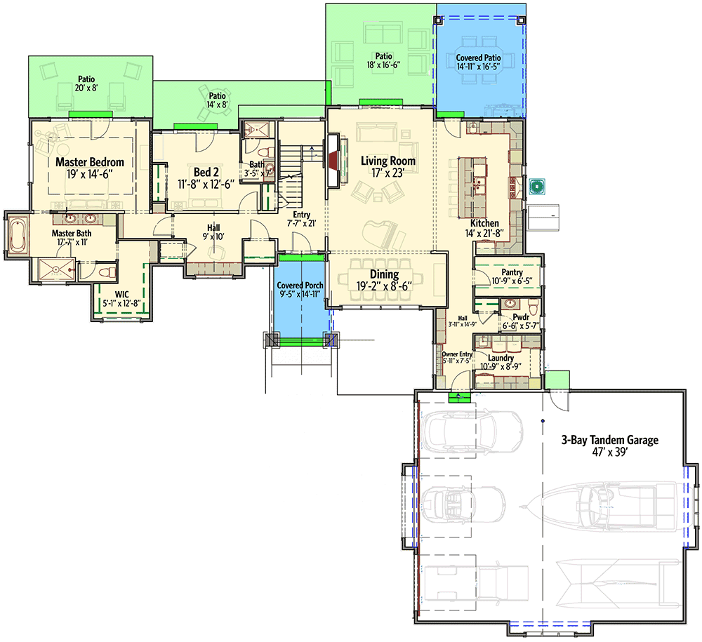 Plan 64455SC: Prairie-Style House Plan with First Floor Master - Floor Plan - Main Level - Northwest, Prairie