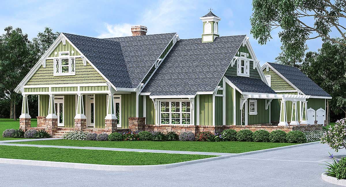 House plan exterior. Craftsman style, one-story. Features include a front porch, multiple gables, and a cupola on the roofline.