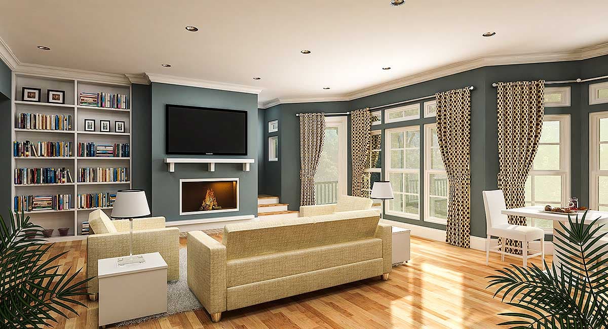Living room interior with built-in bookshelves, fireplace, sofa, chairs, and dining area with large windows.