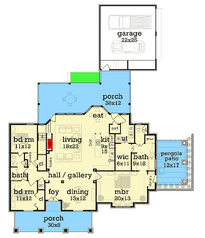 Plan 55194BR: Craftsman with Porches, Pergola and 2 Upstairs Bedrooms - Floor Plan - Main Level - Country, Craftsman, Northwest