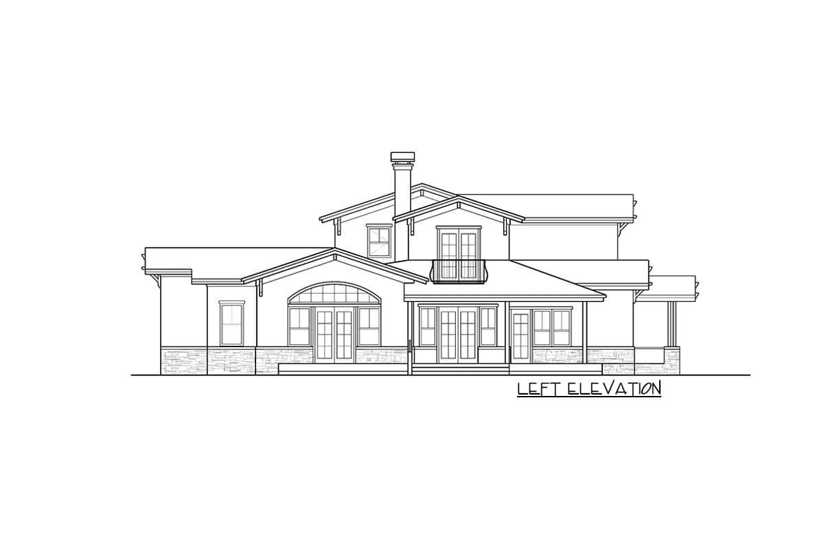 Left elevation house plan with stone base, arched window, balcony, and gabled rooflines.