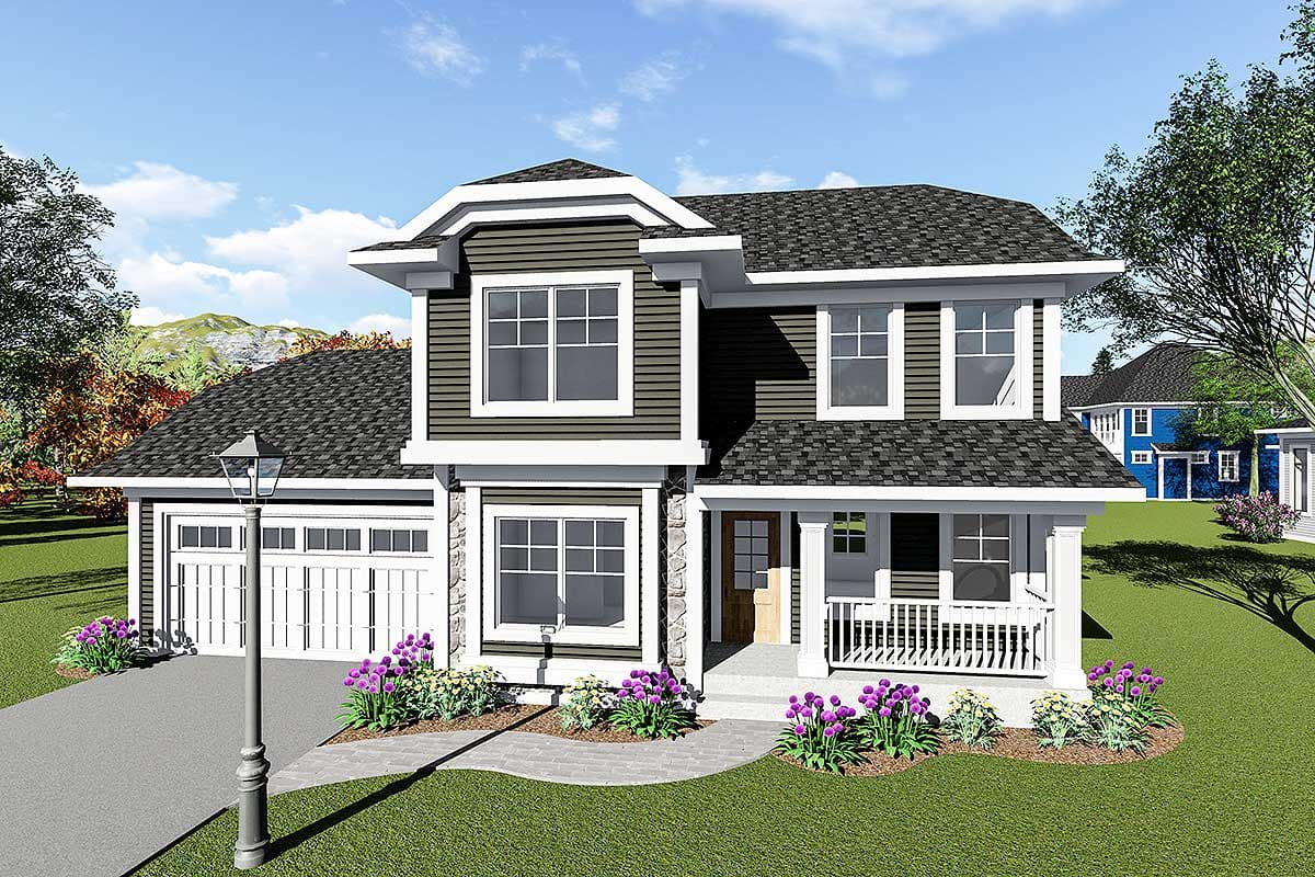 House plan exterior featuring a two-story Craftsman style home with gables, a covered porch, and a three-car garage.