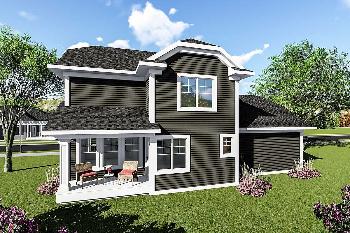 Two-story house plan exterior with a covered front porch, gabled dormers, and horizontal siding.