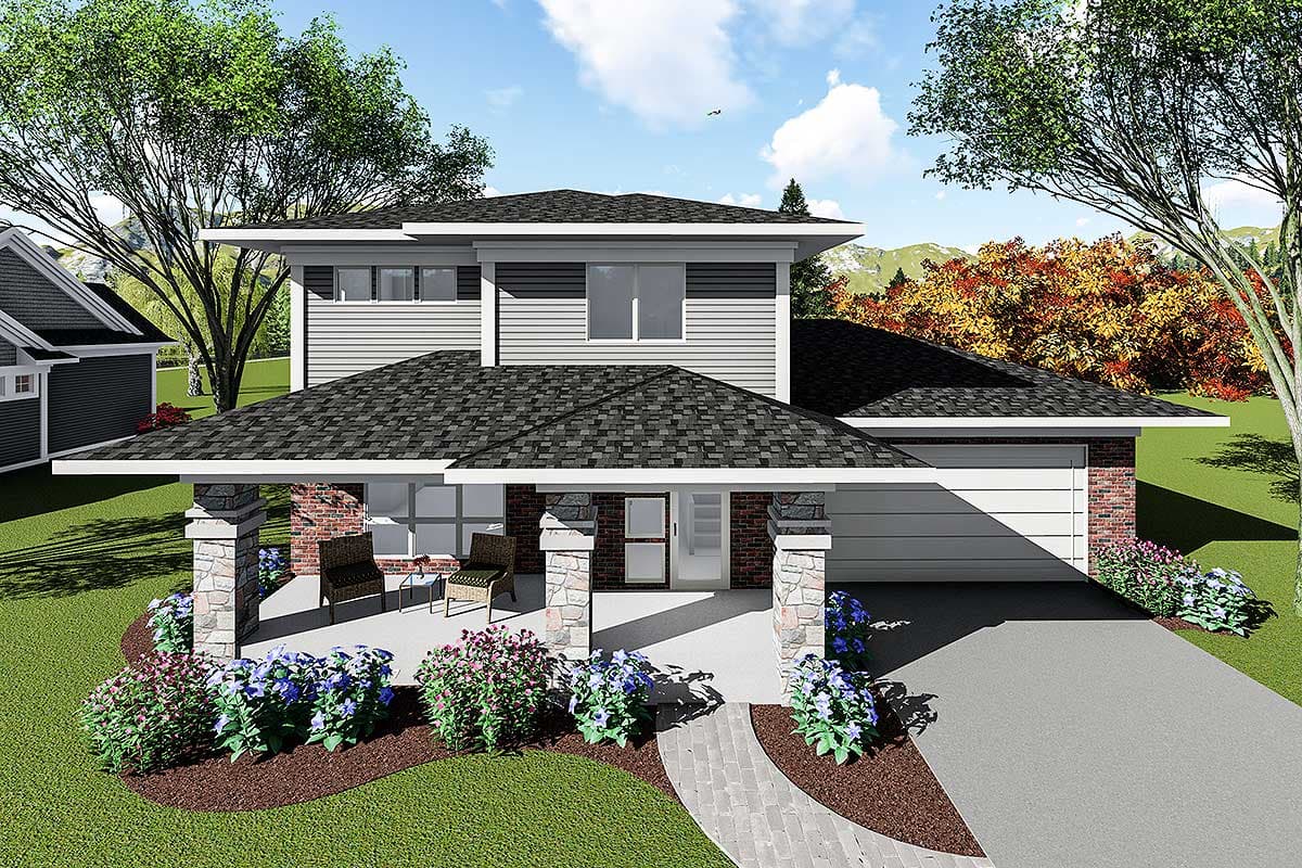House plan exterior with two stories. Features include a front porch with stone columns, a gable roofline, and an attached garage.