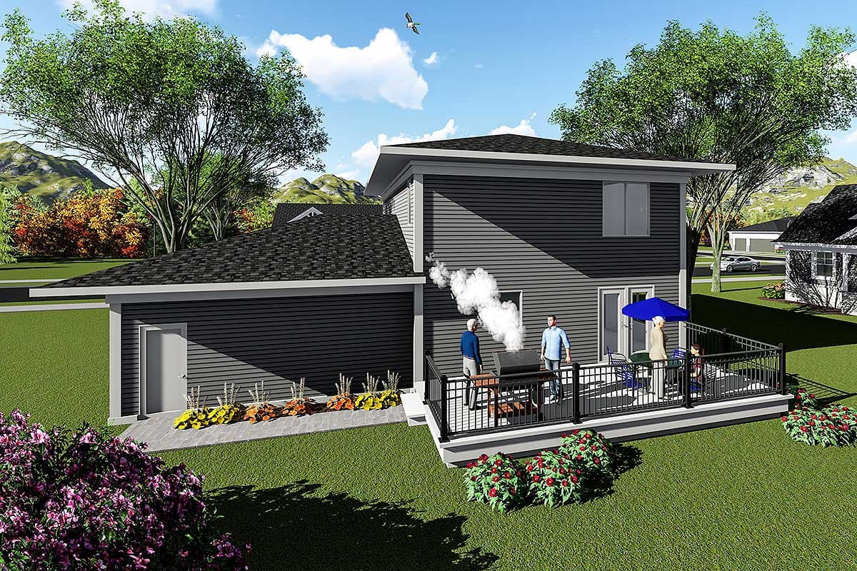 House plan exterior rendering of a two-story modern home with vinyl siding, large deck with railing, and attached garage.