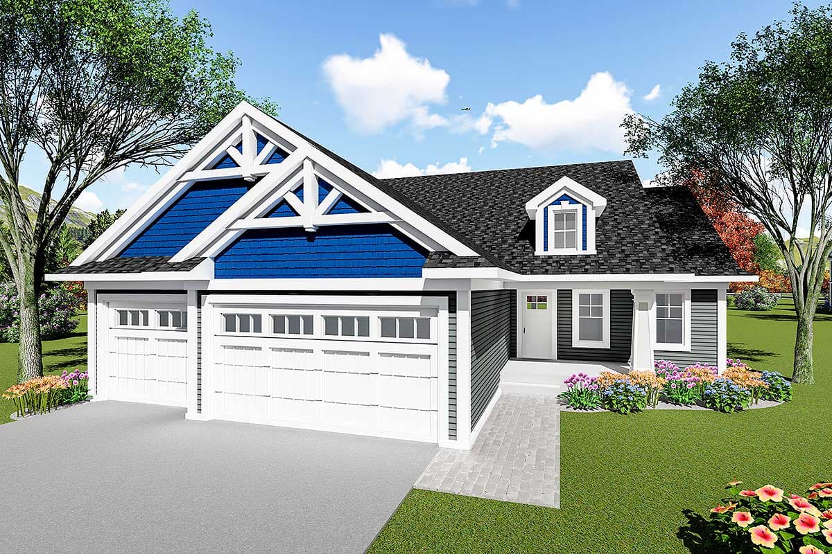 House plan exterior. Craftsman style home with two-car garage, dormer window, and gable roof. Features include decorative truss and blue siding.
