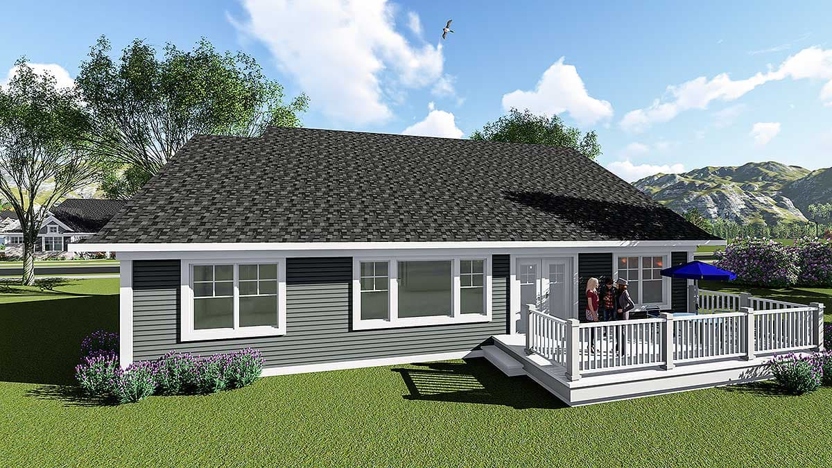 House plan exterior: Single-story dwelling with a gable roof, horizontal siding, and a large wraparound deck.