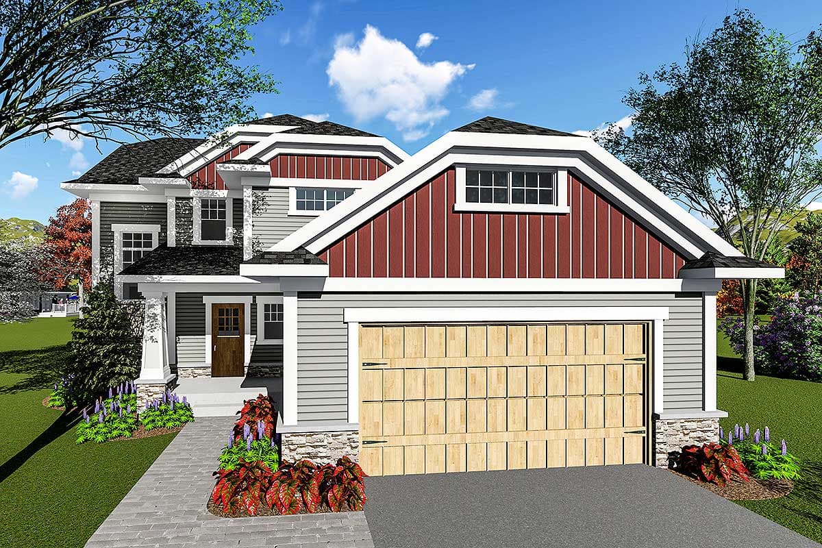 House plan exterior with two stories. Craftsman style with gabled roof, porch, and attached garage. Stone accents and vertical siding.