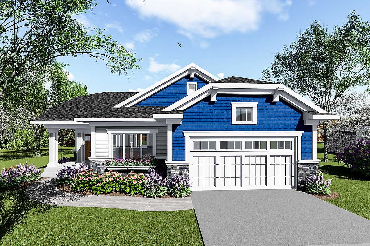 House plan exterior. Craftsman style with a single story, front-facing garage, gabled roof, and covered porch with supporting columns.