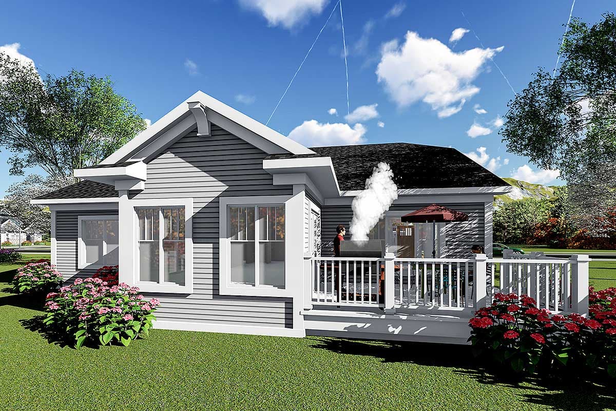 House plan exterior with gable, wide siding, large windows, and wraparound deck with railing. 1 story.