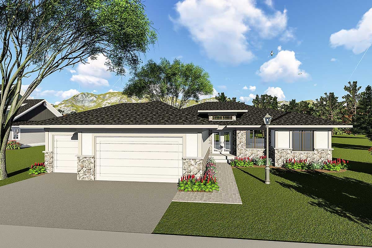 House plan exterior with stone accents, low-pitched roof, and a two-car garage. Features include a covered entry and a rectangular window.