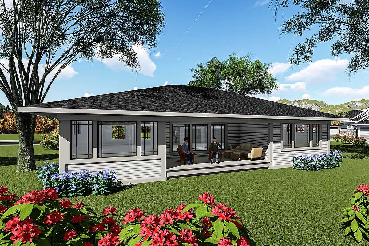 Ranch style house plan exterior, one story, with a covered porch, multiple gables, and large windows.