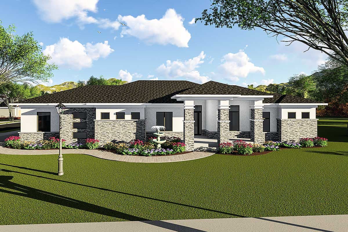 House plan exterior. Modern style, single story home with stone accents. Features include a covered entry, flat rooflines, and decorative columns.