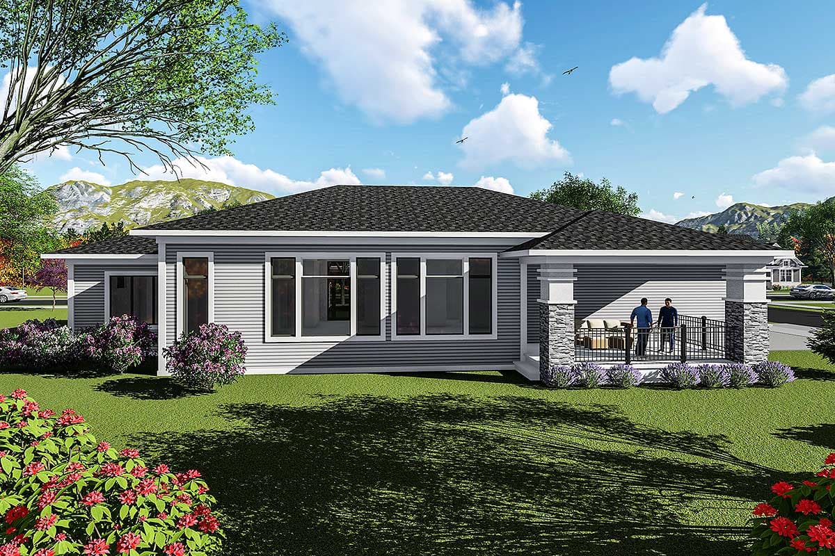 House plan exterior: modern ranch style, single-story, with a covered front porch supported by stone-accented columns.