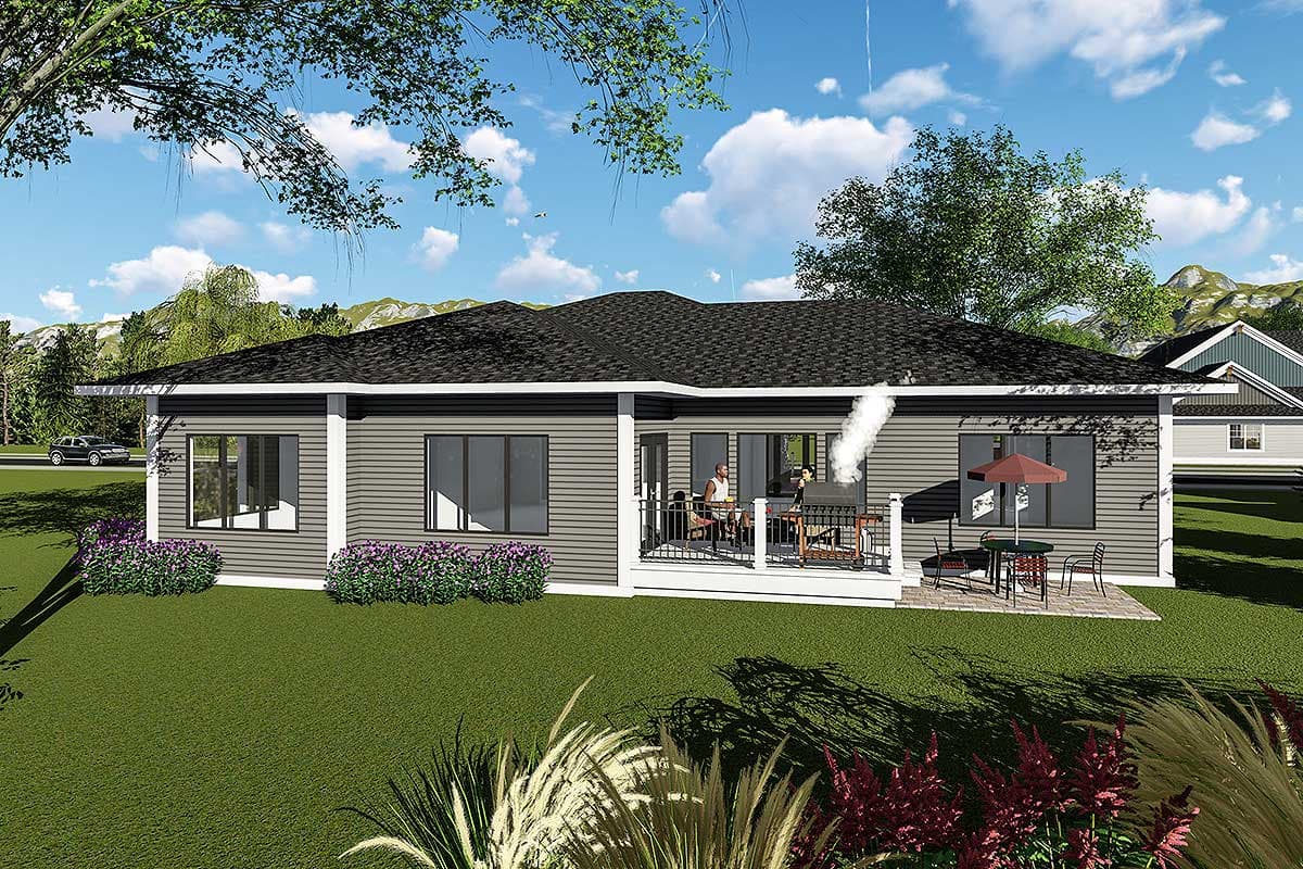 House plan exterior: Single-story ranch with dark siding, white trim, deck, and patio.