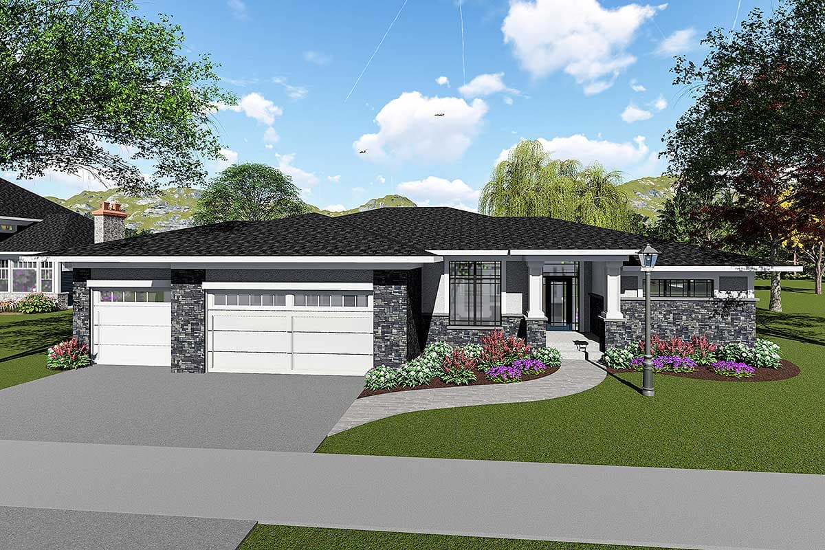 House plan exterior. Ranch style with stone accents, a flat roof, and a covered porch. Features include a three-car garage and large windows.