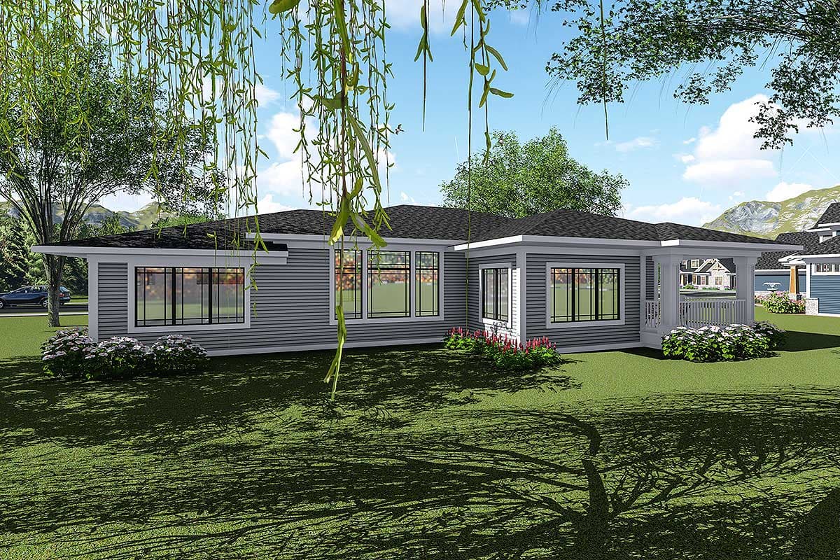 House plan exterior of a single-story Modern Ranch home with a covered porch, horizontal siding, and large grid windows.