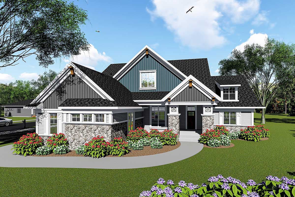 House plan exterior. Craftsman style with stone accents, multiple gables, and a front porch supported by stone columns.