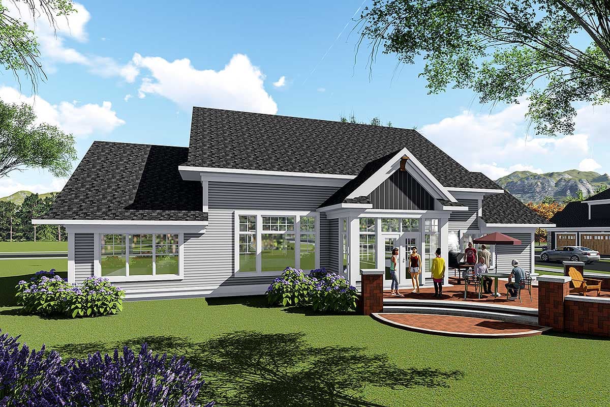 House plan exterior: Ranch style, single story, with a covered porch, gables, and horizontal siding.