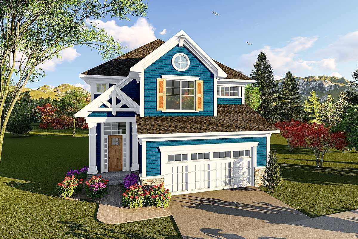 House plan exterior. Two-story, Craftsman-style home with gable roof, front porch, and garage. Features a round window and wood shutters.