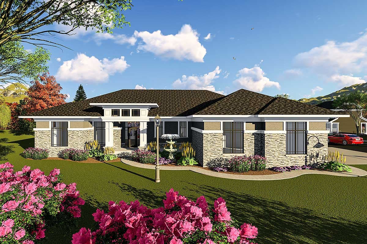 House plan exterior. Single-story design with stone accents, a flat roof, and large windows. Includes a covered entry and landscaping.
