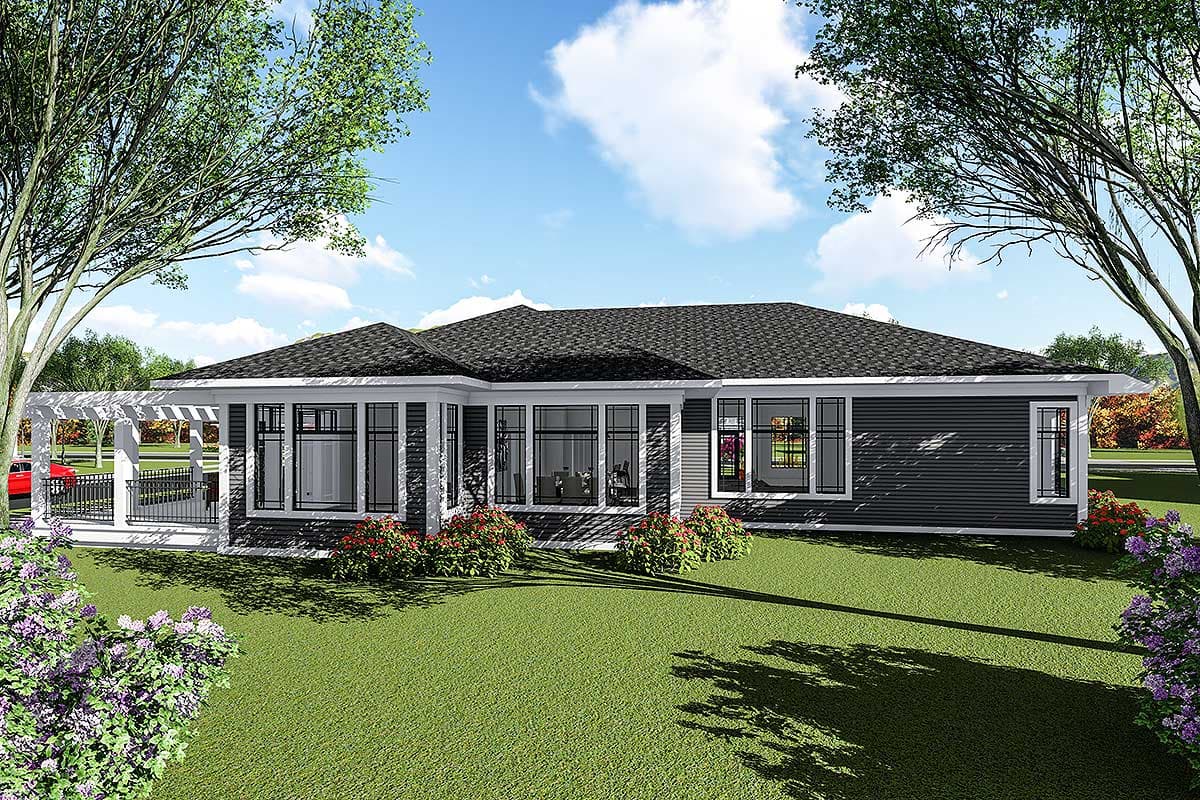 House plan exterior: One-story Modern style home with a covered pergola, large windows, and a low-pitched hip roof.