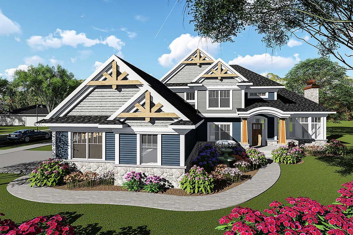 House plan exterior. Craftsman style, two stories. Features include multiple gables with timber accents, a covered porch, and a chimney.